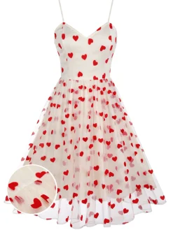 New Retro Stage Heart 1950s Mesh Sling Dress White