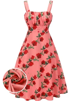 Online Retro Stage High Waist Suspenders Rose Dress Pink