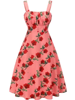 Online Retro Stage High Waist Suspenders Rose Dress Pink
