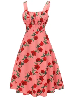 Online Retro Stage High Waist Suspenders Rose Dress Pink