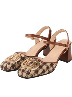 Hot Retro Stage Houndstooth Metal Buckle Chunky Heels Brown