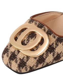 Hot Retro Stage Houndstooth Metal Buckle Chunky Heels Brown