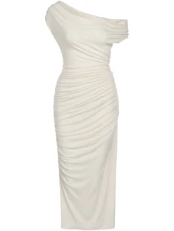 Clearance Retro Stage 1960s Cap Sleeve Slim Pleated Dress Ivory