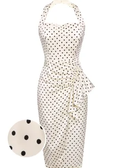 Clearance Retro Stage 1960s Polka Dot Halter Pencil Dress Ivory