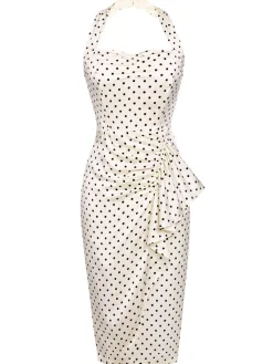 Clearance Retro Stage 1960s Polka Dot Halter Pencil Dress Ivory
