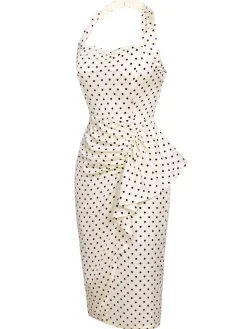 Clearance Retro Stage 1960s Polka Dot Halter Pencil Dress Ivory