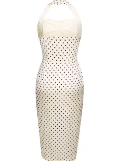 Clearance Retro Stage 1960s Polka Dot Halter Pencil Dress Ivory