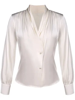 Discount Retro Stage 1930s Solid Long Sleeve Blouse Ivory