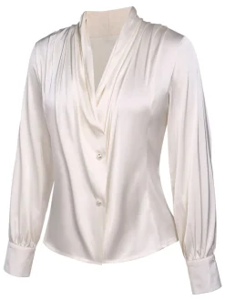 Discount Retro Stage 1930s Solid Long Sleeve Blouse Ivory