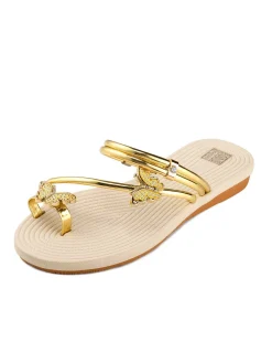 Discount Retro Stage Khaki Butterfly Beach Flat Sandals Light Khaki