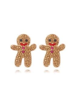 Clearance Retro Stage Khaki Christmas Gingerbread Man Rhinestone Earrings
