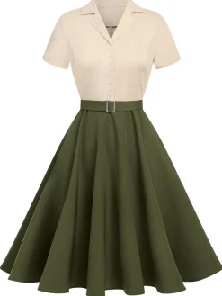Outlet Retro Stage Khaki Green 1950s Vintage Button Dress