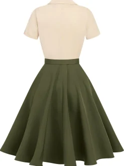 Outlet Retro Stage Khaki Green 1950s Vintage Button Dress