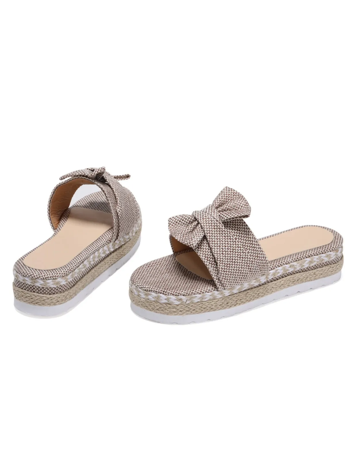 Fashion Retro Stage Knitted Bow Platform Beach Sandals Khaki
