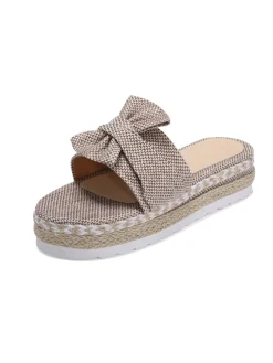 Fashion Retro Stage Knitted Bow Platform Beach Sandals Khaki