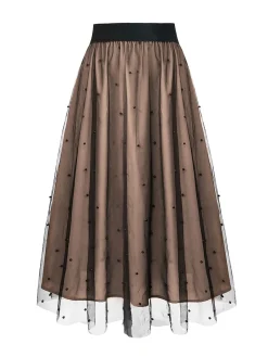 Hot Retro Stage 1950s Beading Mesh Swing Skirt Khaki