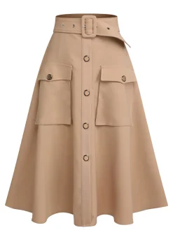 Fashion Retro Stage 1950s Big Pockets Button Skirt Khaki