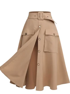 Fashion Retro Stage 1950s Big Pockets Button Skirt Khaki