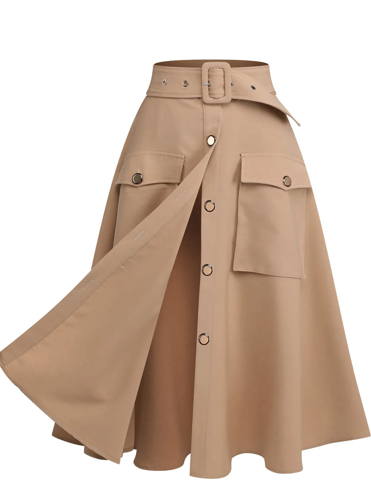 Fashion Retro Stage 1950s Big Pockets Button Skirt Khaki
