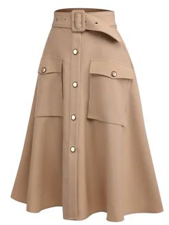 Fashion Retro Stage 1950s Big Pockets Button Skirt Khaki