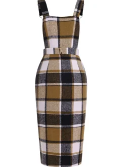 Sale Retro Stage 1960s Classic Plaid Straps Dress Khaki