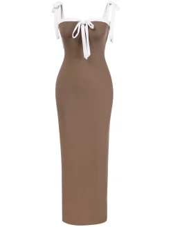 Clearance Retro Stage 1930s Contrast Shoulder Tie Bodycon Dress Khaki