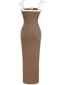 Clearance Retro Stage 1930s Contrast Shoulder Tie Bodycon Dress Khaki