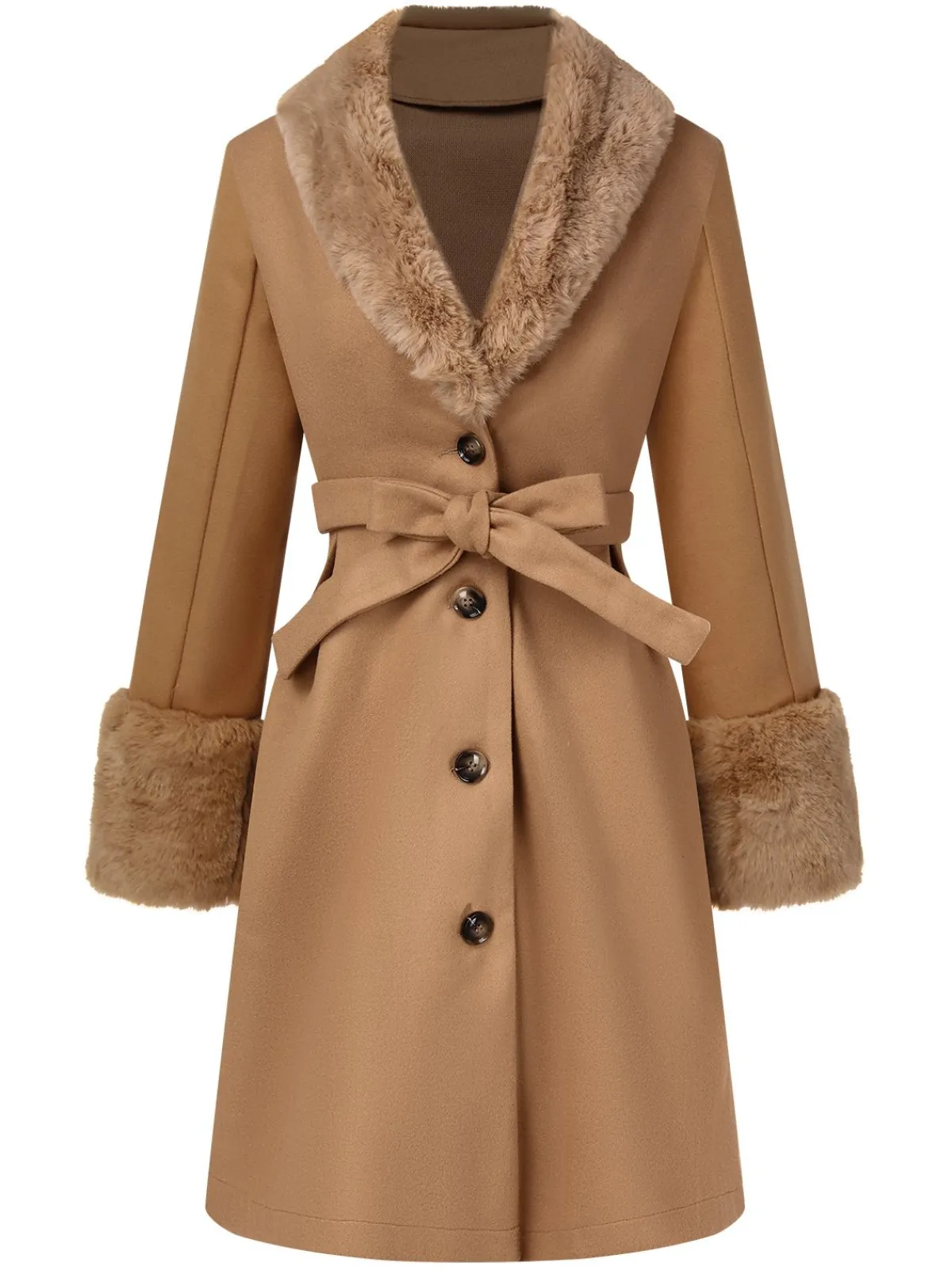 Hot Retro Stage 1950s Faux Fur Collar Button Coat Khaki