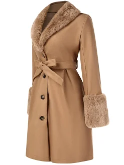 Hot Retro Stage 1950s Faux Fur Collar Button Coat Khaki