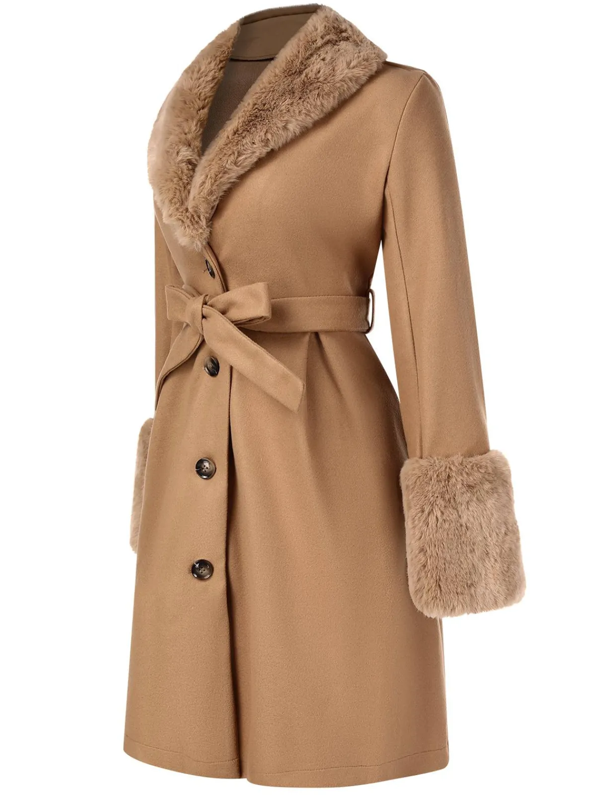 Hot Retro Stage 1950s Faux Fur Collar Button Coat Khaki