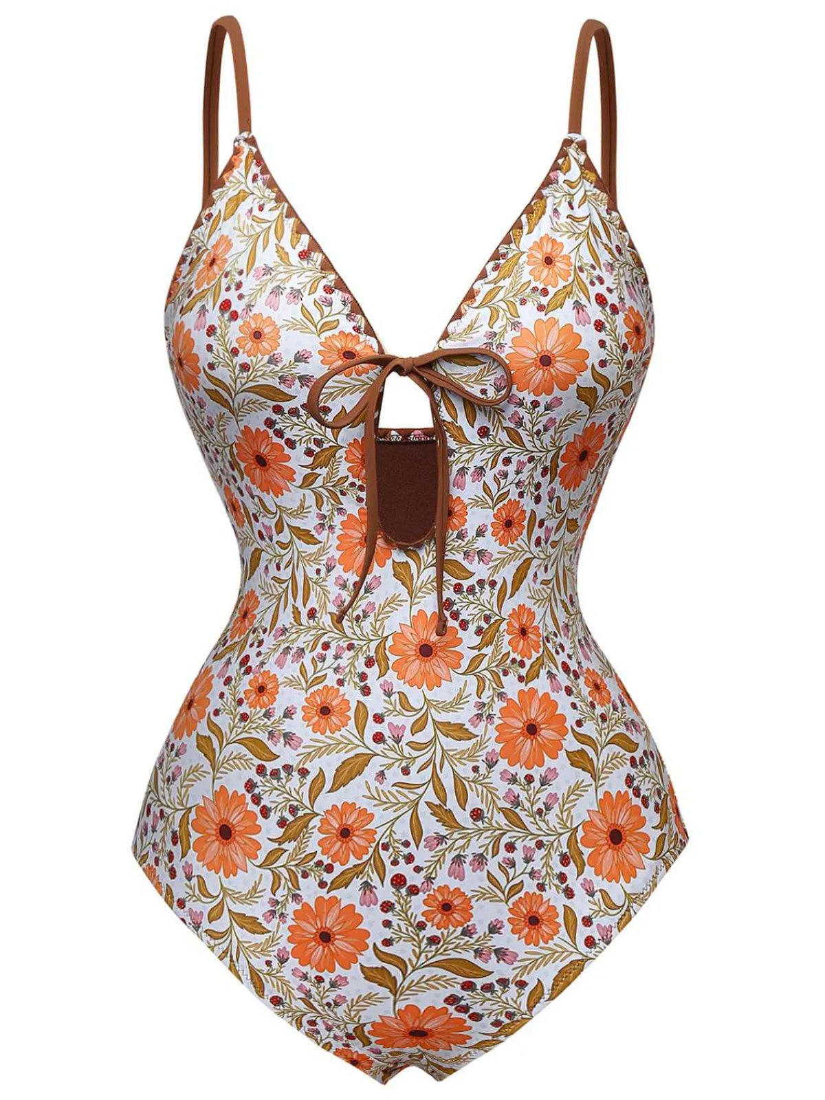 Hot Retro Stage 1950s Floral Keyhole One-Piece Swimsuit Khaki