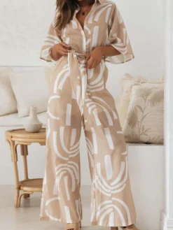 Outlet Retro Stage 1930s Geometric Printed Half Sleeves Lapel Jumpsuit Khaki