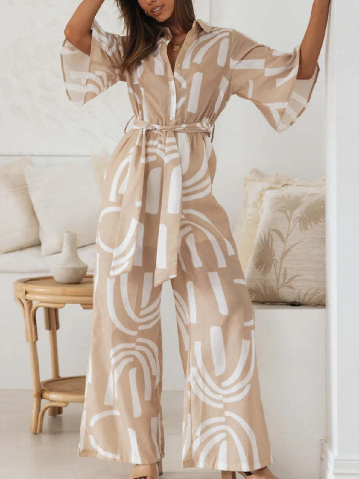 Outlet Retro Stage 1930s Geometric Printed Half Sleeves Lapel Jumpsuit Khaki