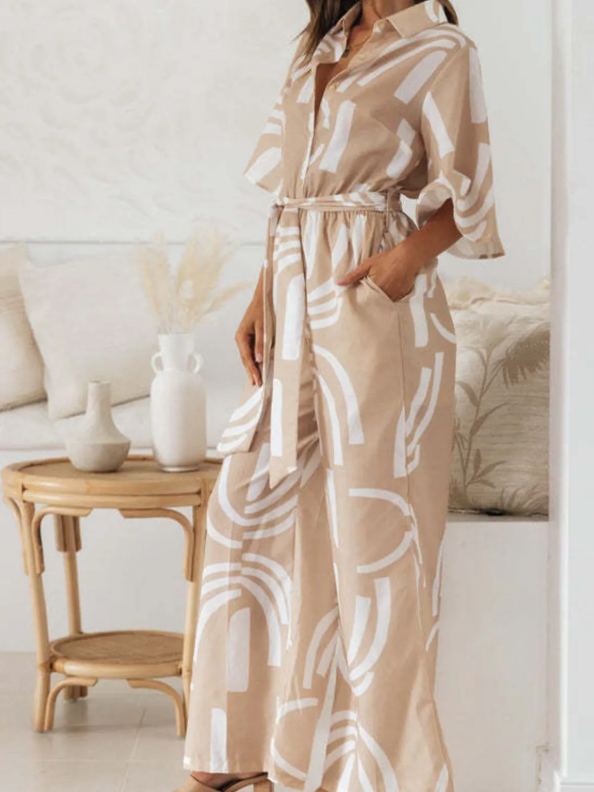 Outlet Retro Stage 1930s Geometric Printed Half Sleeves Lapel Jumpsuit Khaki
