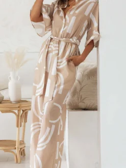 Outlet Retro Stage 1930s Geometric Printed Half Sleeves Lapel Jumpsuit Khaki