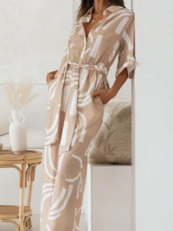 Outlet Retro Stage 1930s Geometric Printed Half Sleeves Lapel Jumpsuit Khaki