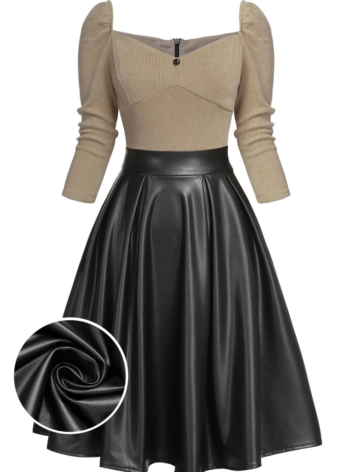 Discount Retro Stage Khaki 1950s Knitted Leather Patchwork Dress