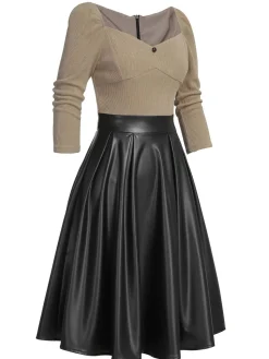 Discount Retro Stage Khaki 1950s Knitted Leather Patchwork Dress