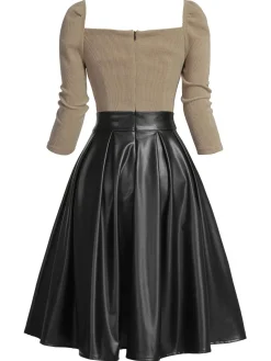 Discount Retro Stage Khaki 1950s Knitted Leather Patchwork Dress