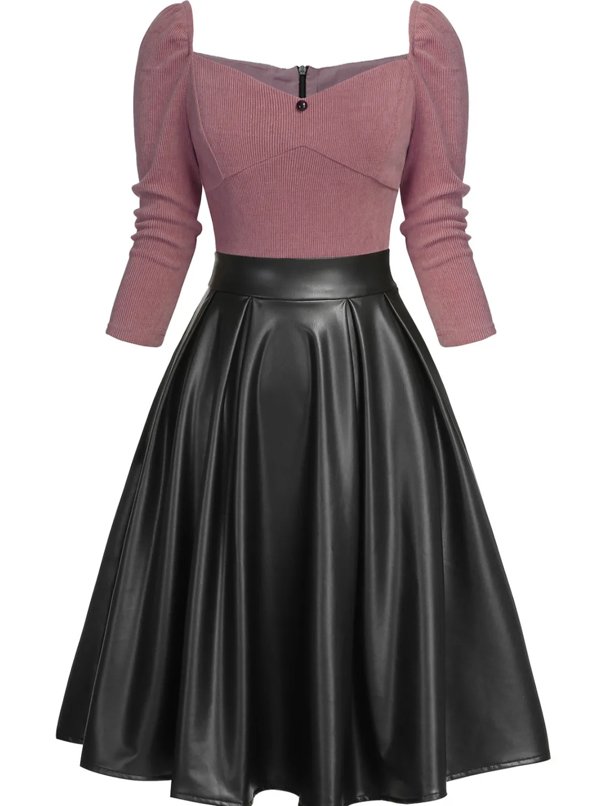 Discount Retro Stage Khaki 1950s Knitted Leather Patchwork Dress