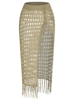Fashion Retro Stage 1950s Knitted Tassel Hollow Cover-Up Khaki