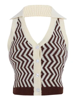 Discount Retro Stage Khaki 1950s Knitting Stripes Halter Button Tops