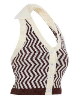 Discount Retro Stage Khaki 1950s Knitting Stripes Halter Button Tops