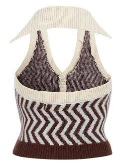 Discount Retro Stage Khaki 1950s Knitting Stripes Halter Button Tops