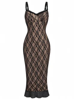 Discount Retro Stage 1960s Lace Patchwork Spaghetti Strap Bodycon Dress Khaki