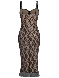 Discount Retro Stage 1960s Lace Patchwork Spaghetti Strap Bodycon Dress Khaki