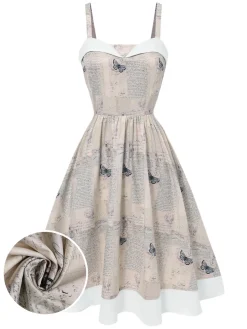 Outlet Retro Stage Khaki 1950s Newspaper Butterfly Patchwork Dress Light Khaki