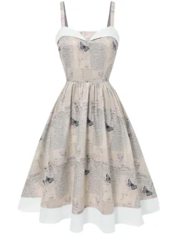 Outlet Retro Stage Khaki 1950s Newspaper Butterfly Patchwork Dress Light Khaki