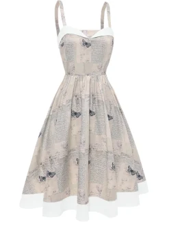 Outlet Retro Stage Khaki 1950s Newspaper Butterfly Patchwork Dress Light Khaki