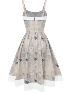 Outlet Retro Stage Khaki 1950s Newspaper Butterfly Patchwork Dress Light Khaki